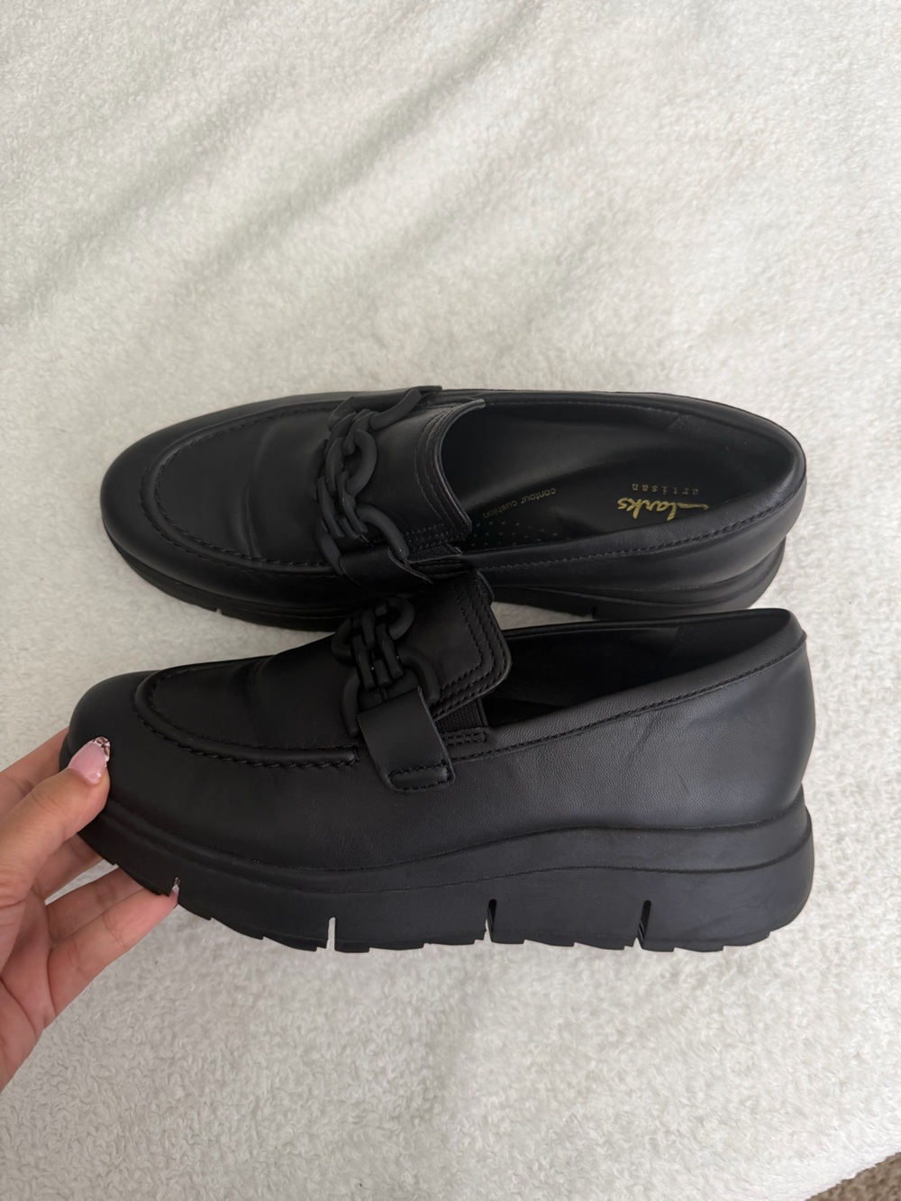Clarks Black Platform Chain-Trim Slip-On Loafers